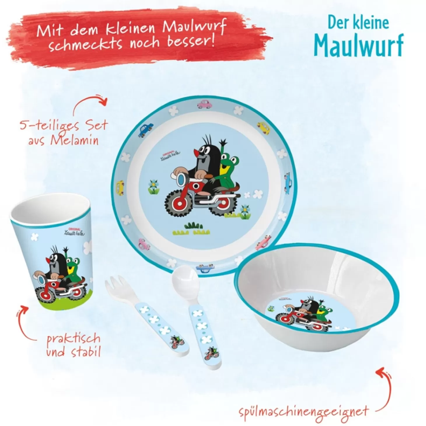 Trötsch Verlag Kindergeschirr-Set "Der Kleine Maulwurf" Auf Motorrad